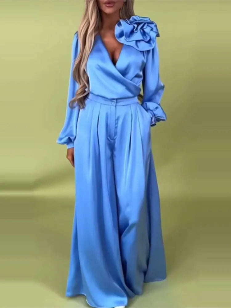 Fashion Solid Color Satin Long Sleeve Shirt Women 2 Piece Spring Autumn New Casual Loose Wide Leg Pants Pocket Female Office Set