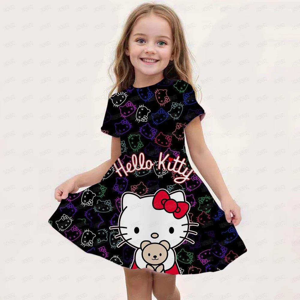 Kids Girls Clothes Kawaii Cartoon 3D Kuromi Printed Adults Party Popular Dresses Summer Short Sleeve Parent-child Clothing Dress