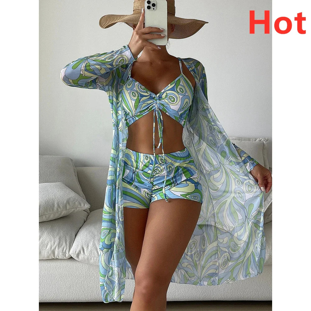 Three Pieces Bikini Set Cover Up Women New Push Up Twist Swimsuit Print Long Sleeve Swimwear Biquini Bathing Suit Summer