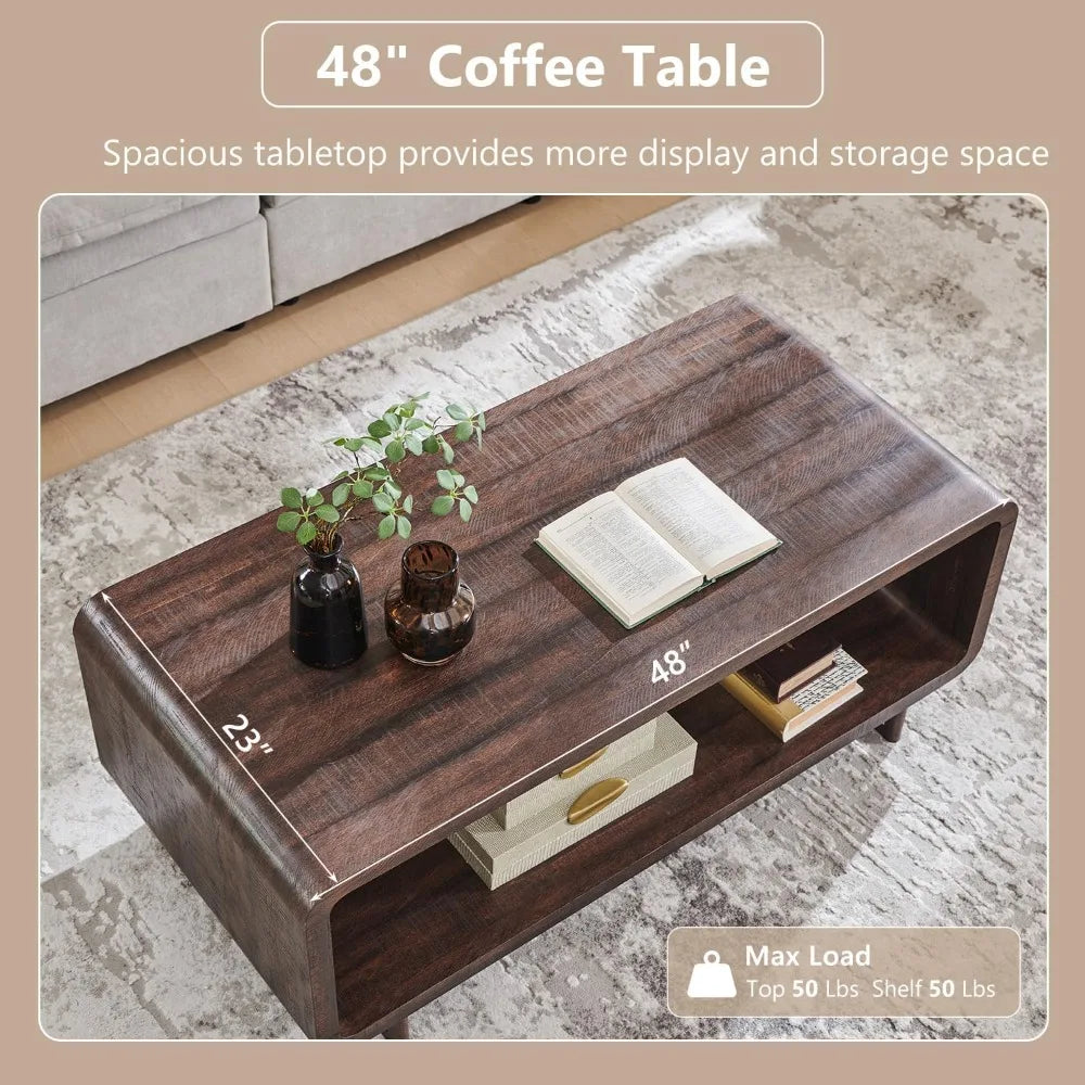 48" Modern Coffee Table, 2-Tier Minimalist Design with Storage Shelf, Curved Profile for Living Room.