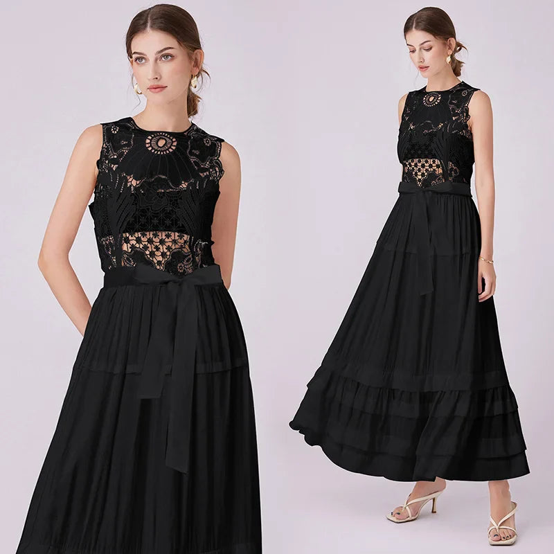 Designer Summer Holiday Women Dress Lace Flower Embroidery Crochet Long Evening Dresses Maxi Vestidos