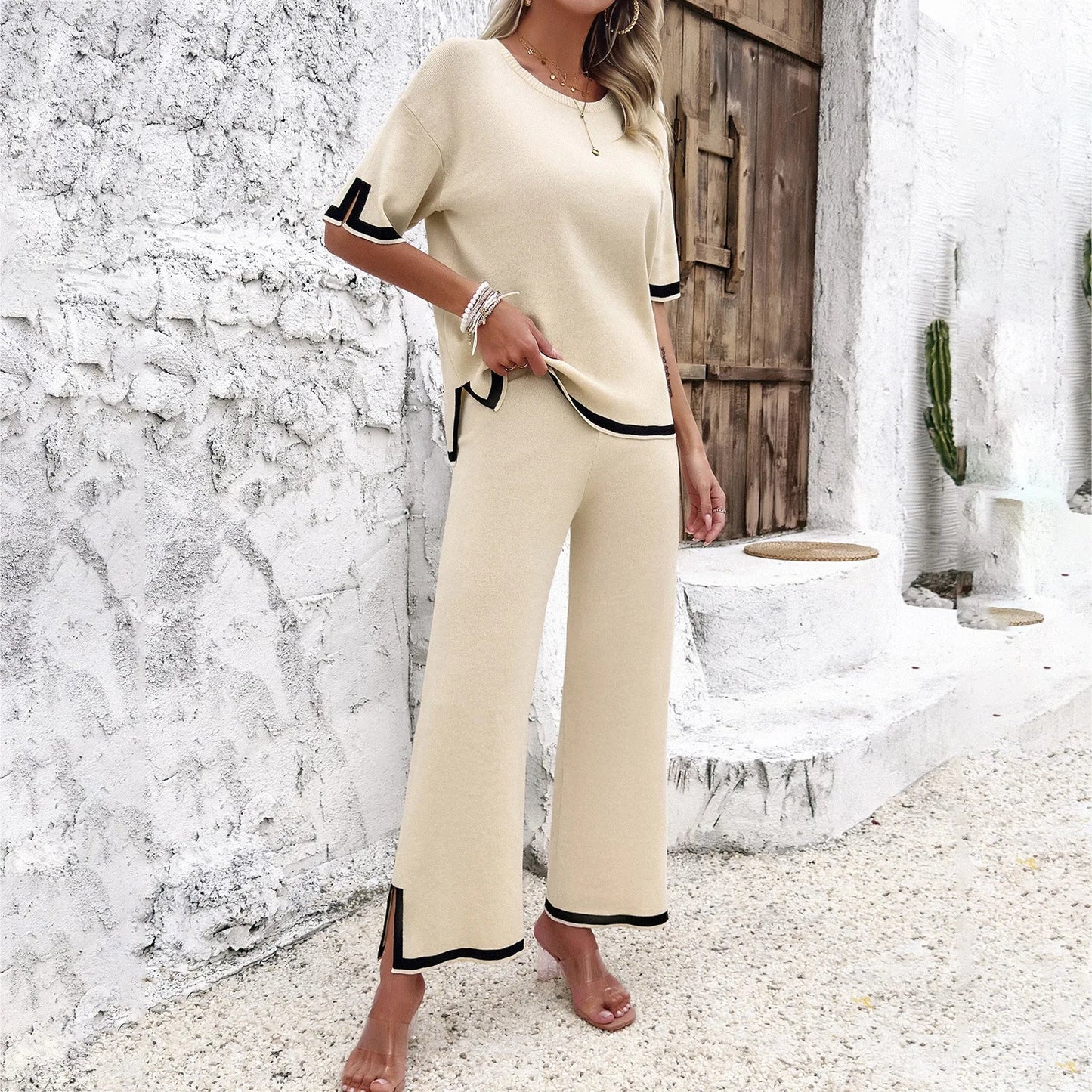 Fashion Women's Clothing 2024 Spring and Summer Casual Short-Sleeved Wide-Leg Pants Knitted Suit Костюм Женский