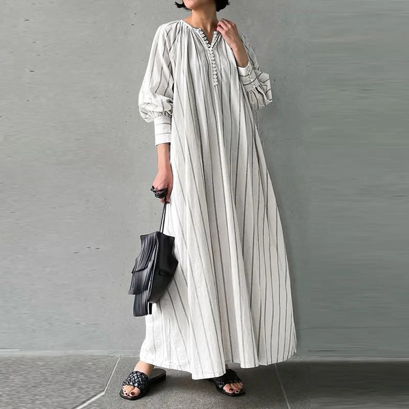 Women's 2023 Cotton Linen Stripe Round Neck Long Sleeve Simple Loose Long Pullover Dress Vintage Elegant Women's Dress Robe