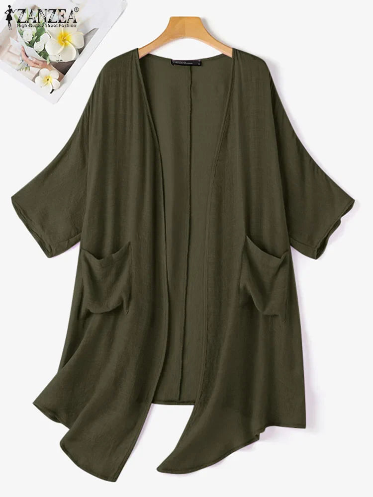 ZANZEA Female Cotton Long Cardigan Women's Summer Blouse Casual 3/4 Sleeve V Neck Shirt Female Tops Thin Solid Baggy Blusas
