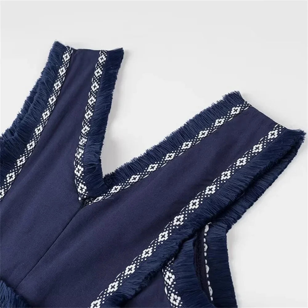 PB&ZA2024 Summer New Product: Casual Women's Fashion V-neck Sleeveless Waist Collection with Tassel Decoration Dress