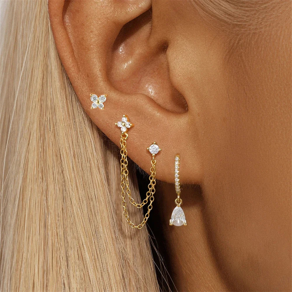3PCS Set Stainless Steel Crystal CZ Butterfly Ear Stud Earring Gold