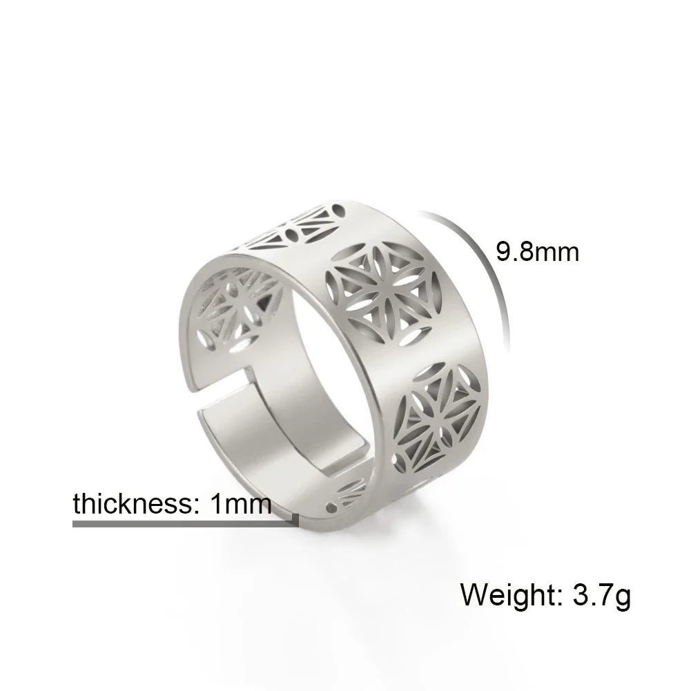 Skyrim Flower of Life Ring Women Stainless Steel Gold Color Sacred Geometry Open Adjustable Aesthetic Rings 2024 Jewelry Gift
