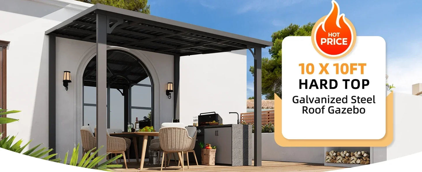 Heavy Duty Lean to Metal Pergolas and Gazebos Clearance, Wall-Mounted Grill Gazebo, 10' x 10' Hardtop Gazebo Outdoor Pergola