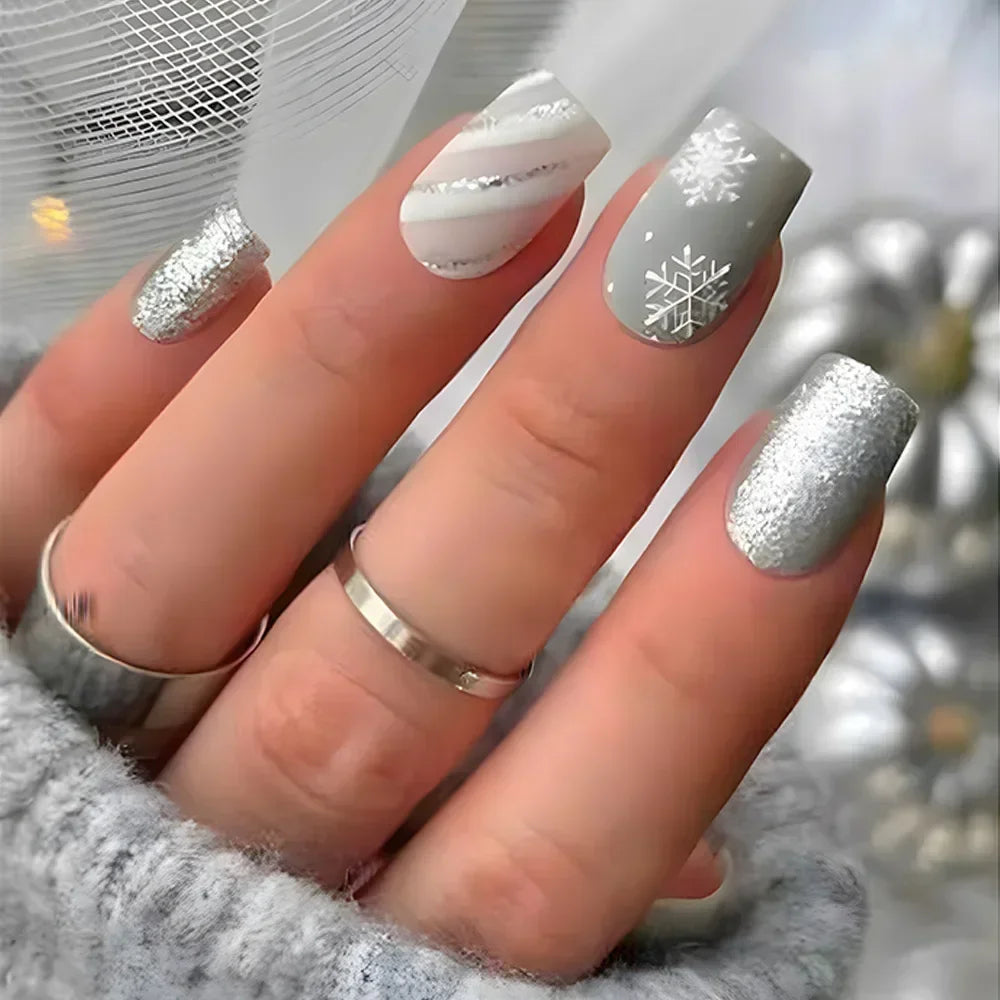 24Pcs Coffin Christmas Handmade Press on Nails Full Cover Snow Tree Design Santa Claus False Nails Wearable Manicure Nail Tips
