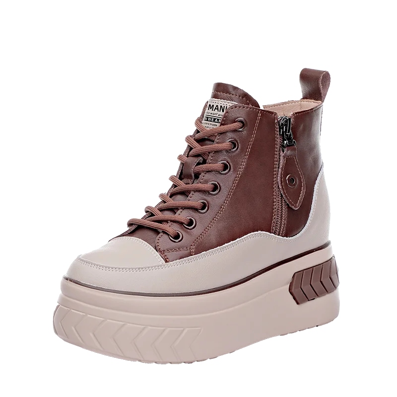 High Top Women Shoes Genuine leather 8cm Platform Boots Wedge Hidden Heel Zip Spring NEW Autumn Warm Fur Winter Shoes Sneakers