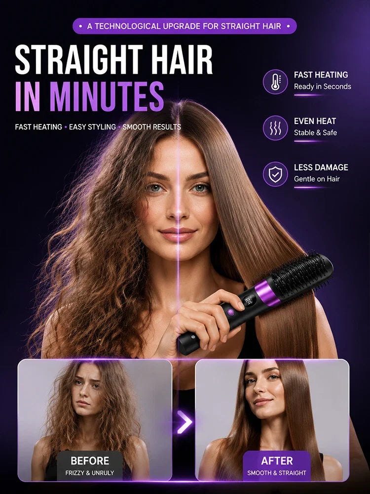 Electric Hair Straightener Brush Rechargeable Ceramic Styling Comb with Temperature Display for Women Daily Care