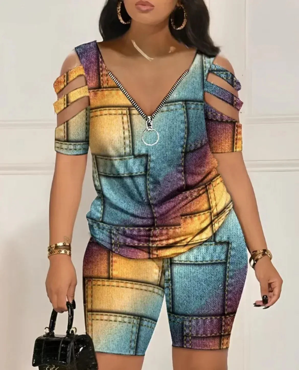 Cold Shoulder T Shirt Shorts Set Women 2 Piece Set Zipper V Neck Womens Short Pants Set Casual Femme Top Set Summer Suit
