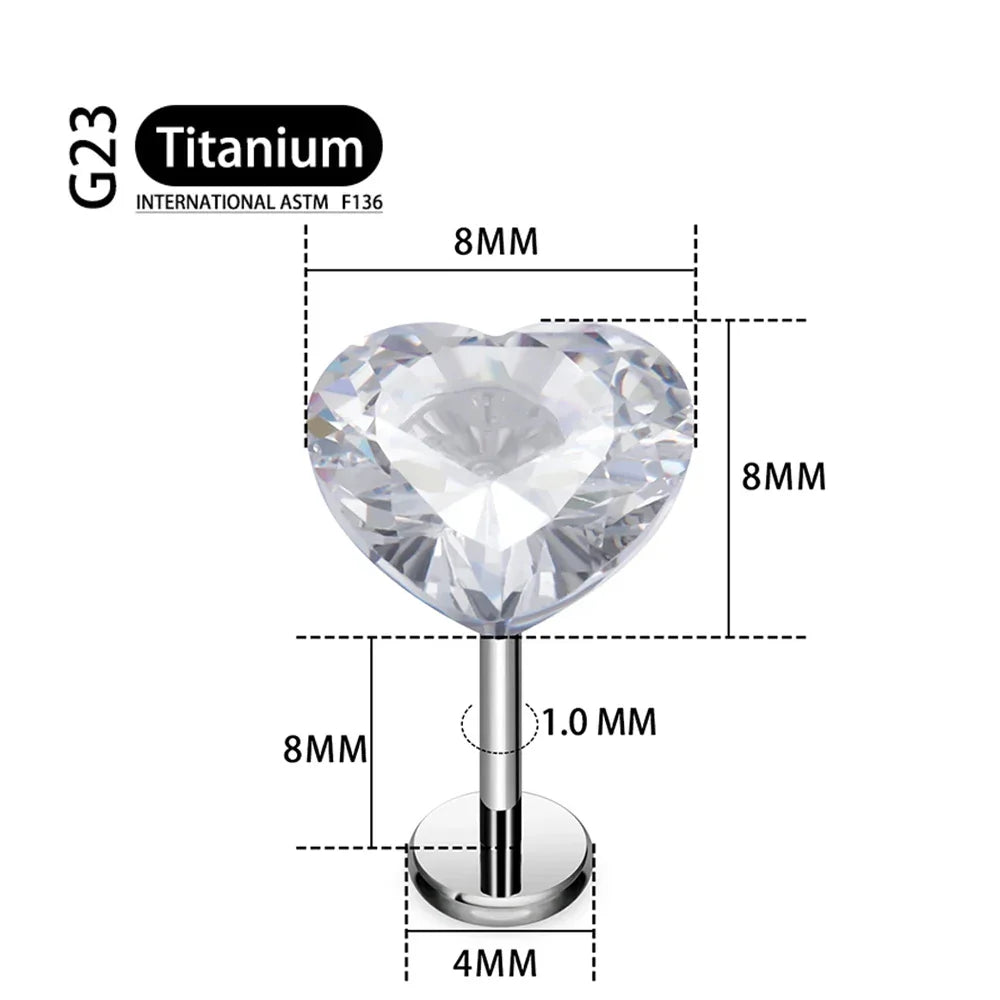 ASTM F136 Titanium 18G/16G Threadless Push Pin Labret Stud CZ Heart Cartilage Earring Helix Tragus Nose Stud Piercing