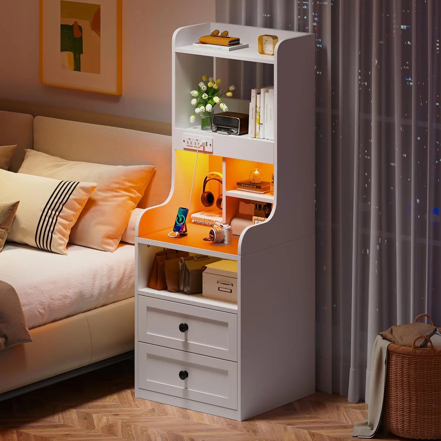 Tall Nightstand with Charging Station and LED Lights White Nightstand with 2 Drawers and Shelves Large LED Nightstand