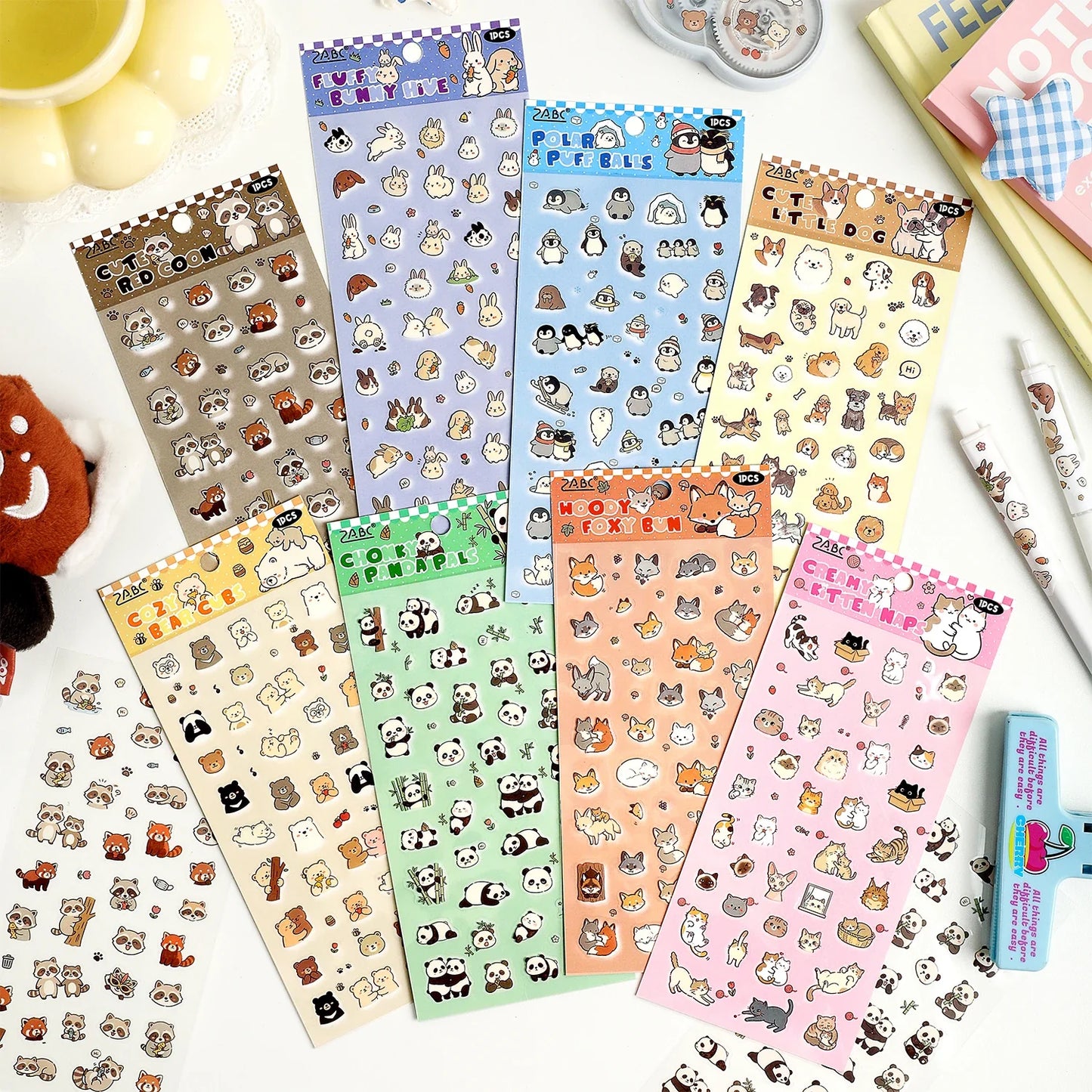 1 Sheet Kawaii Pet Clear PET Sticker, Mini Dog Cat Panda Rabbit Waterproof Strips for Scrapbook Journal DIY