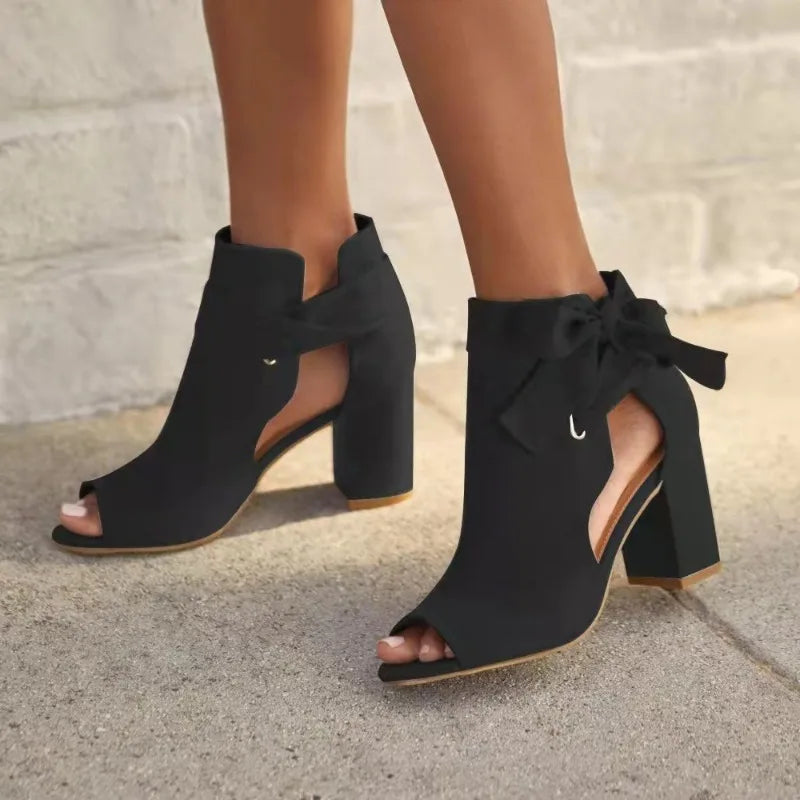 Summer Women's Sandals Elegant Bow Peep Toe Ladies Buckle Strap Chunky Heel Sandals 36-42 Large-Sized Female Dress Party Shoes