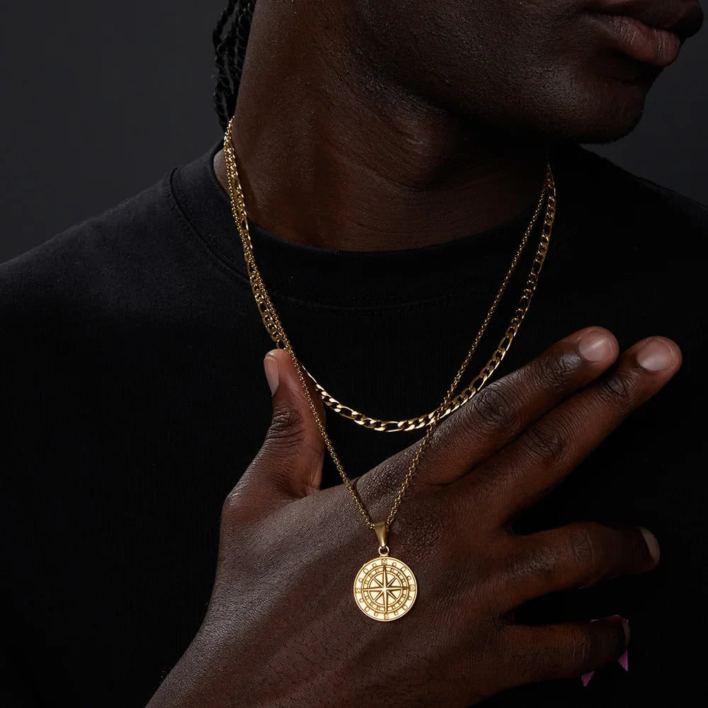 Vnox Layered Necklaces for Men, Sailing Travel Compass Pendant, Stainless Steel Cuban Figaro Wheat Chain, Casual Retro Collar