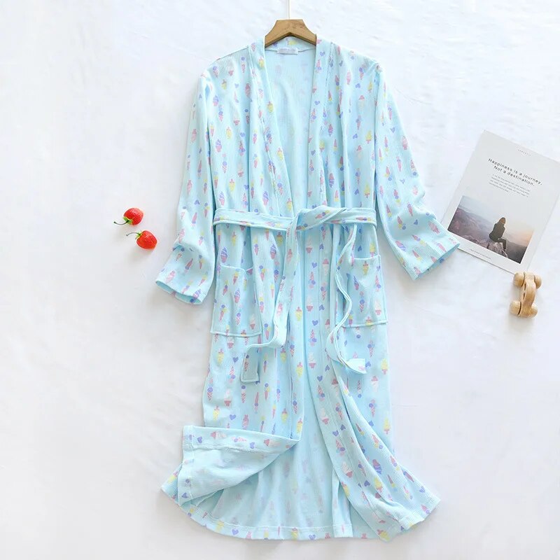 Spring and Autumn Cotton Waffle Kimono Bride Bathrobe and Night Gown Home Wear Women Flower Print Sashes House Robe for Women