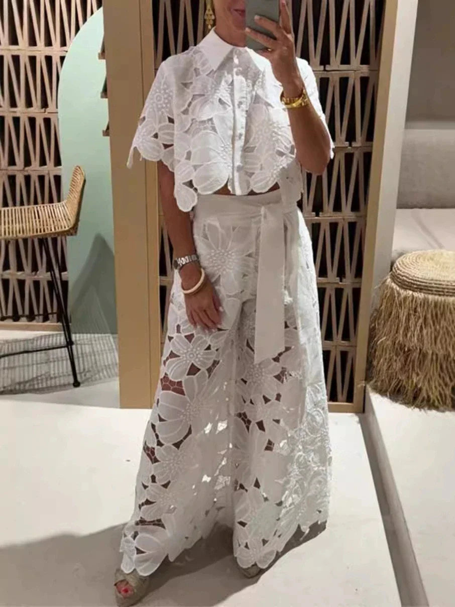 Women Set Short Sleeved Blouse Tops + Tie-up Pants Two Piece set Lace Outfit .