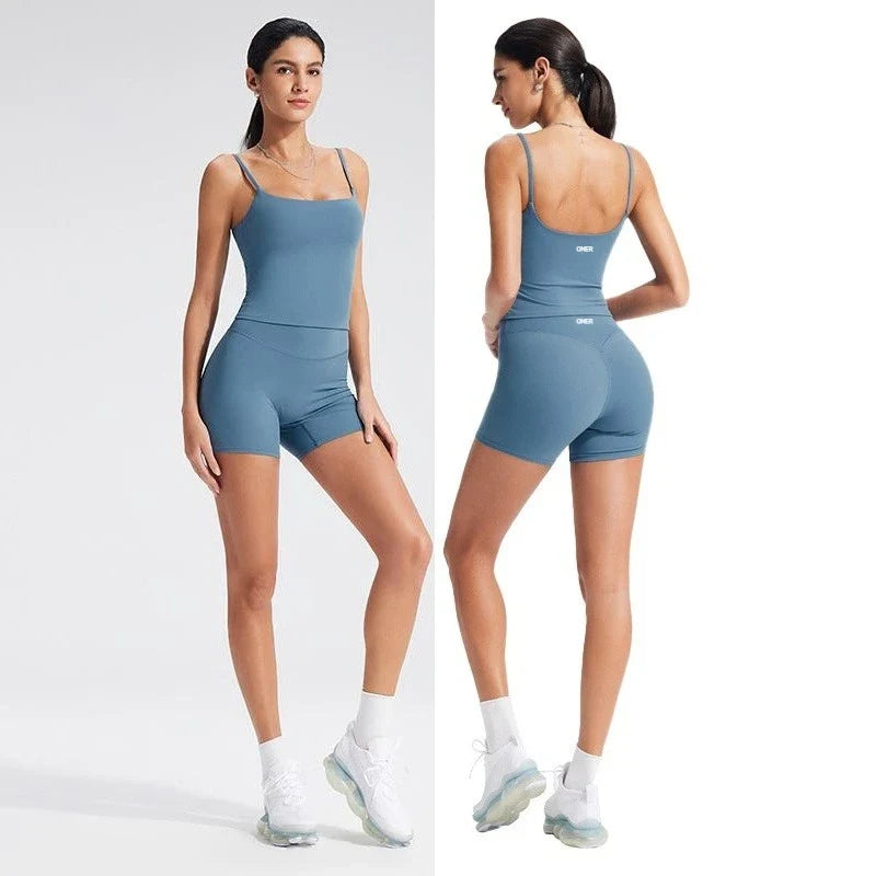 Women Square Neck Thin Strap Padded Sports Top High Waist Butt Lift Yoga Biker Shorts 2Pcs Soft Stretch Workout Matching Set