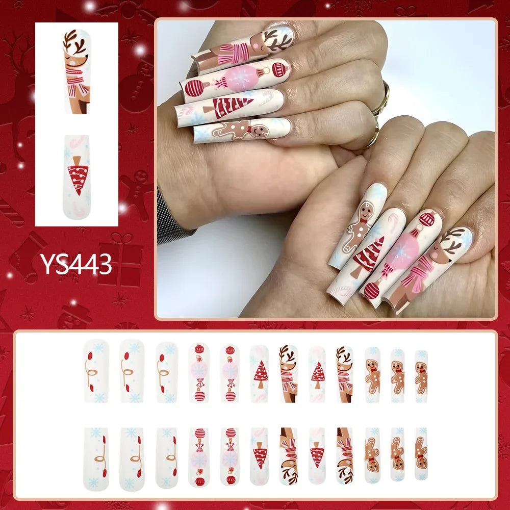 24pcs Long Ballet Christmas False Nails Cute Gingerbread Xmas Tree Fake Nails Women Wearable Full Cover European Press on Nails