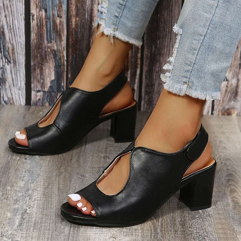 Summer New Sexy Beach Fish Mouth Sandals Fashion Hollow Thick Heels High Casual Open Toe Trend Women Shoes Plus Size 35~43