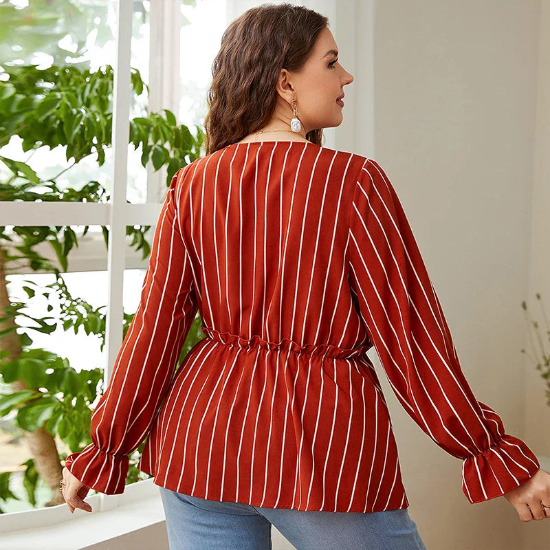 Della Mel Women Plus Size Vintage Long Sleeve Tops Striped Print Wrap V-Neck Loose Ruffles Elastic Waist Peplum Blouses 3XL 4XL