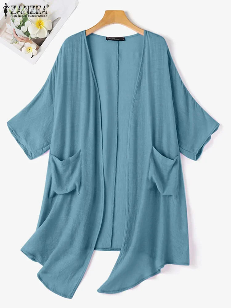 ZANZEA Female Cotton Long Cardigan Women's Summer Blouse Casual 3/4 Sleeve V Neck Shirt Female Tops Thin Solid Baggy Blusas