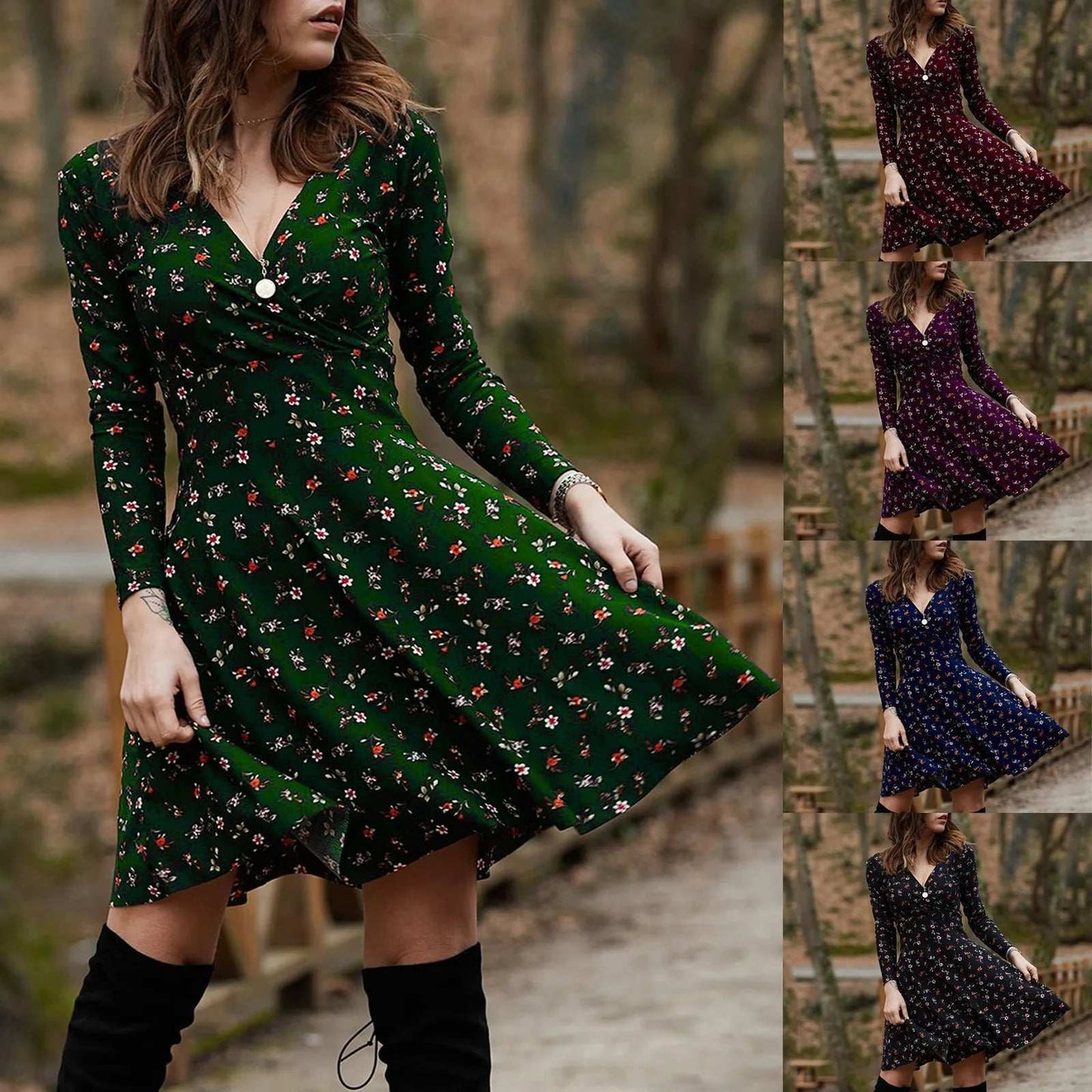 V Neck Manches Long Sleeve Robe Female Retro Elegant Party Culb Dress Temperament Solid Color High Waist Pleated Dresses