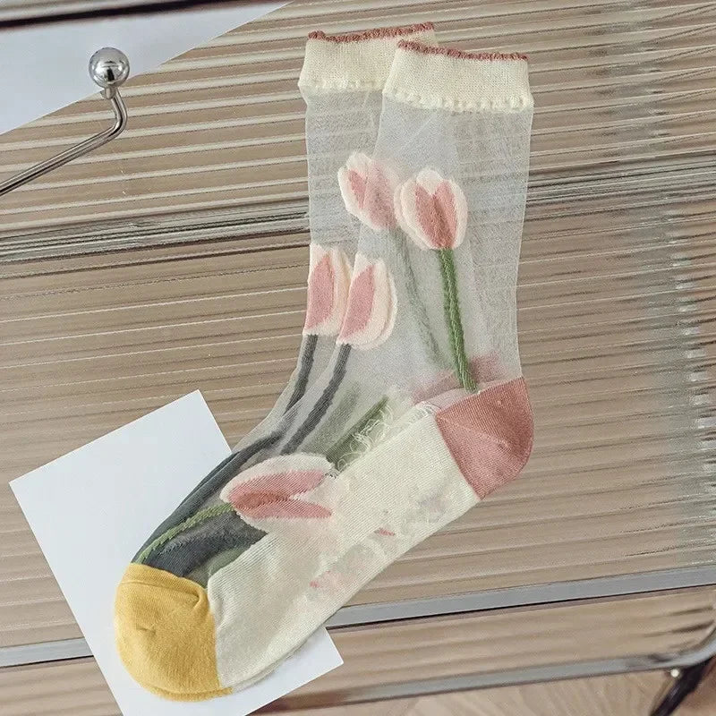 Transparent Crystal Silk Socks Women Fashion Ultra-thin Summer Harajuku Crew Socks Flower Streetwear Elastic Long Mesh Socks