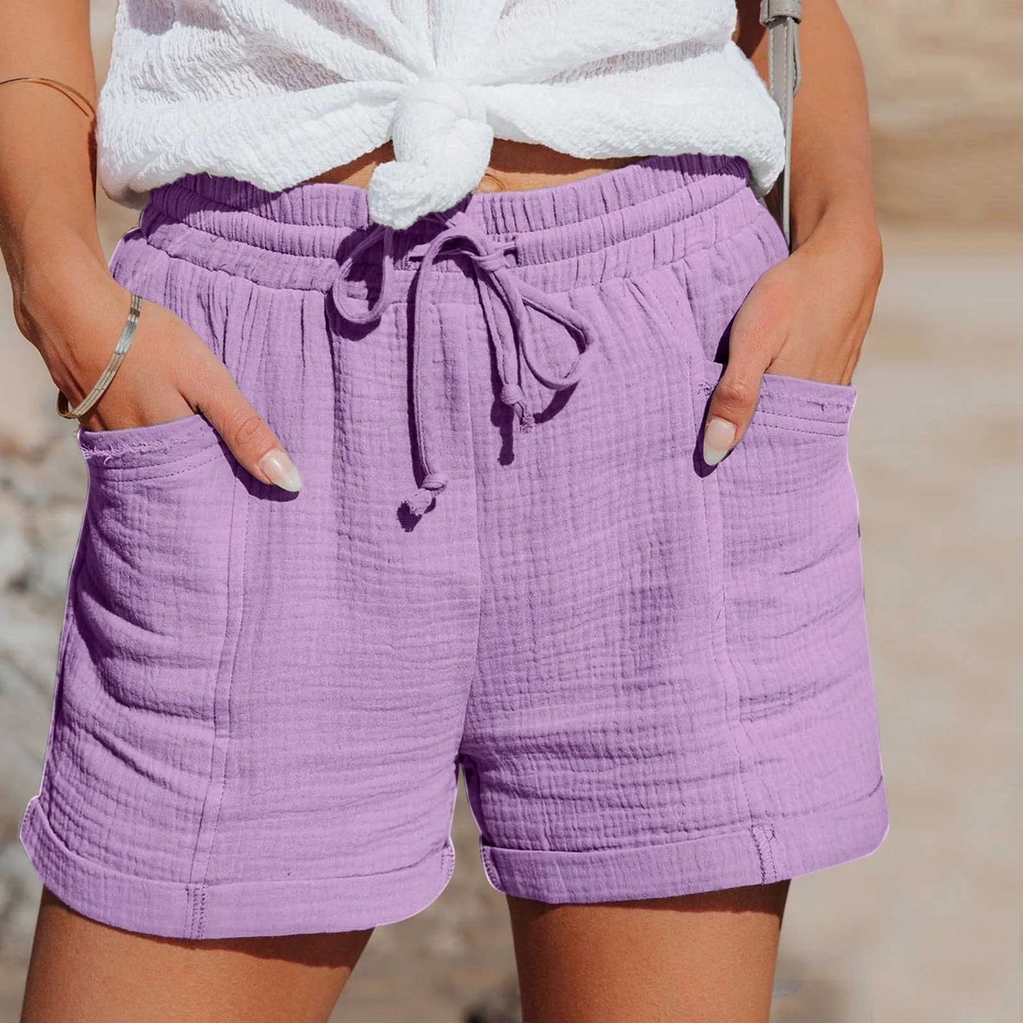 Summer Cotton Linen Shorts Women'S Drawstring High Waist Short Pants With Pockets Sports Casual Basic Cortos Pantalones 2024