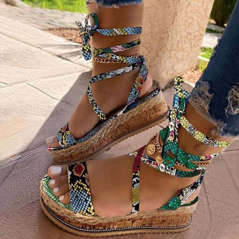 Women's Roman Sandals Leopard Print Ethnic Fashion Print Platform Cross-Tie Open Toe Beach Shoes Casual Wedge Heels Plus Size 43