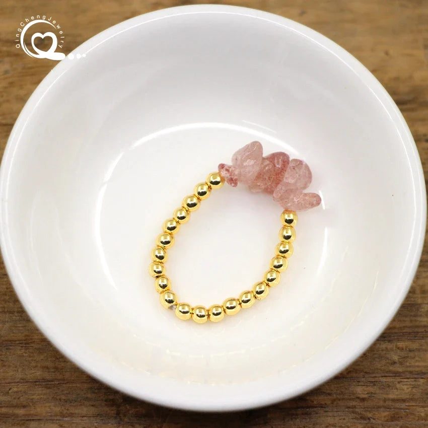 Healing Crystal Chip Stackable Rings Golds Brass Round Beads Natural Stone Gravel Stretchy Ring Fashion Women Jewelry,QC4218