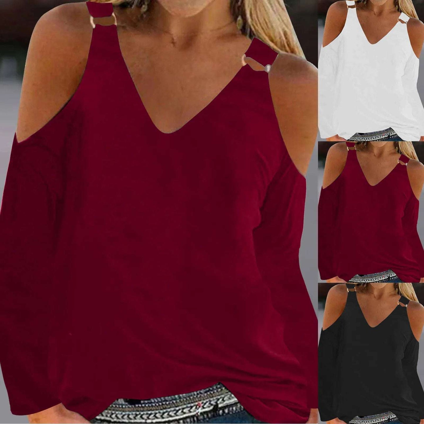 Women's V-Neck Leak Shoulder Long Sleeve Top, Loose Blouses for Women, Casual and Sexy, Youthful Clothes, Monochromatic, New