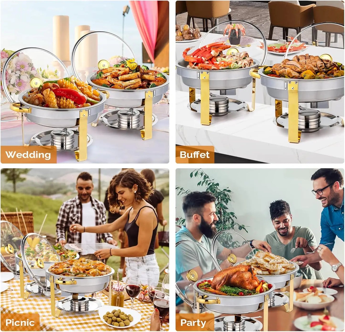 5QT 4 Packs Chafing Dish Buffet Set Gold Accent, NSF Round Stainless Steel Buffet Warmer.