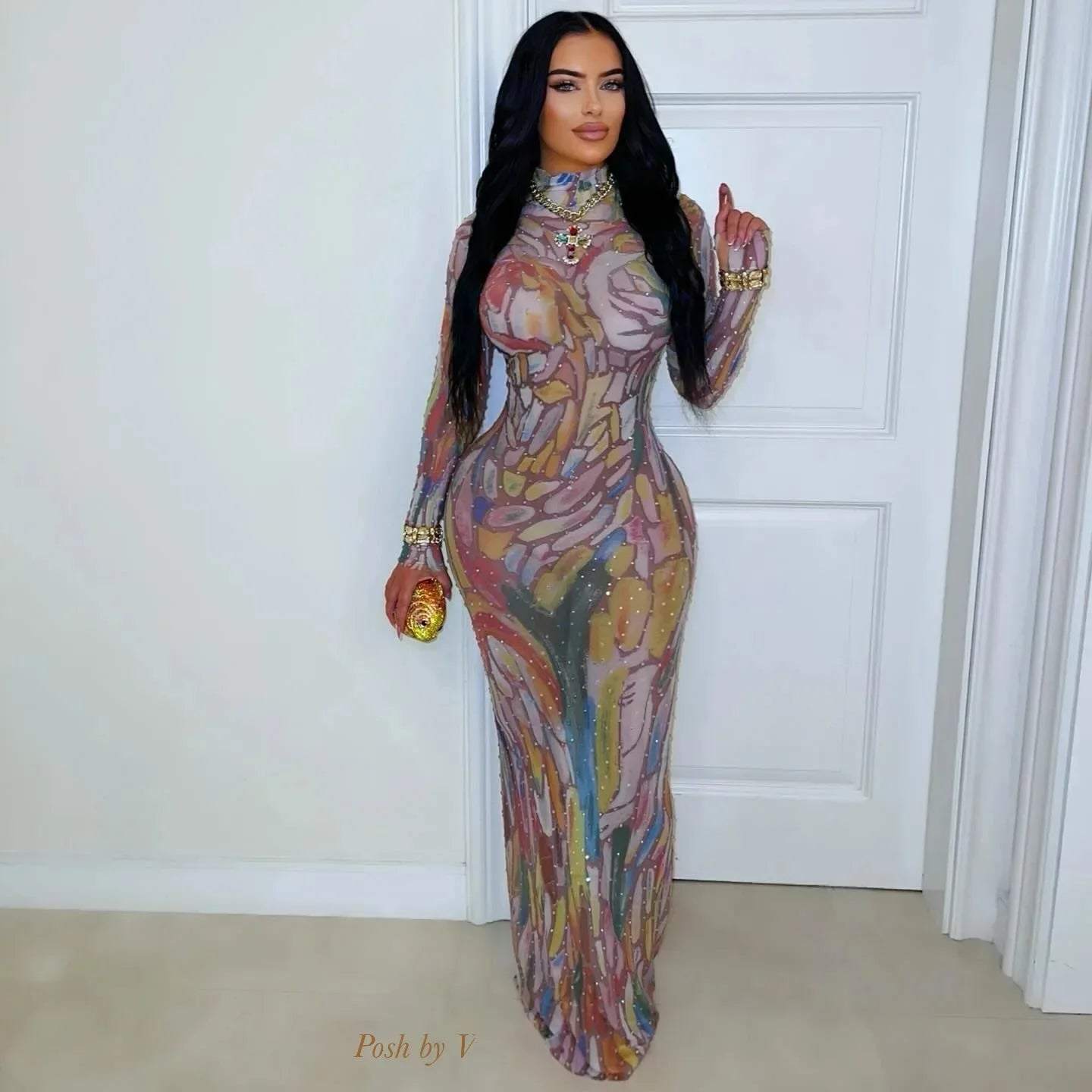 Designer Performance Outfit, Long Sleeve Water-Media Net, Diamond-Heated Sexy High-Elastic Birthday, Dance, Party Gown.