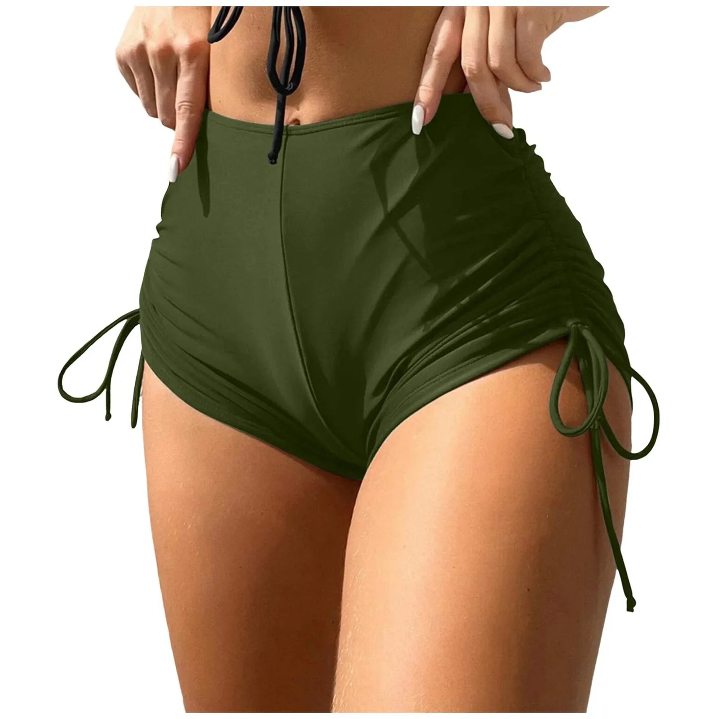 Women Drawstring Side Bikini Bottom High Waist Ruffled Sexy Swimwear Ruched Bottom Full Coverage Shorts New Women'S Swimsuit