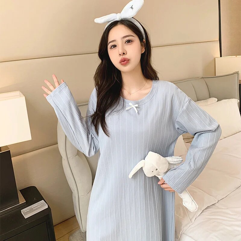Modal Chic Long Knitted Women Home Dress O Neck New Autumn Winter Solid Kawaii Fashion Night Gown Woman Nightgown for Girls