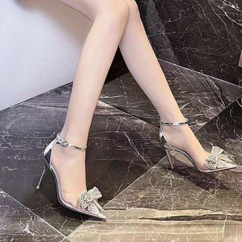 Sexy Transparent  Pumps Rhinestone Butterfl-knot Pointed Toe Pumps Wedding High Heels Spring Summer Shoes 2024