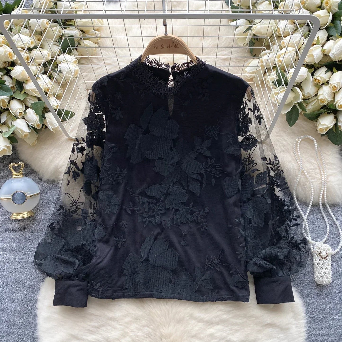 Vintage Blouse for Women Hollow Lace Sheer Long Lantern Sleeve Stand Collar Skinny Blouses Versatile Female Tops Dropshipping