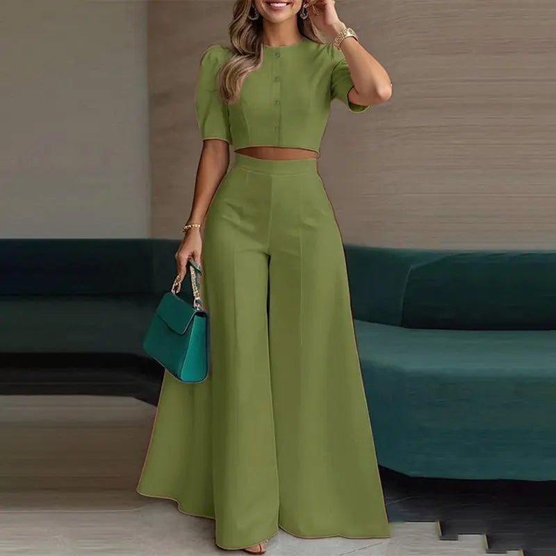 Women Elegant Solid Two Piece Sets Summer Short Sleeve Button-down Crop Blouse Top High Waist Wide-leg Pants Set Casual Outfits