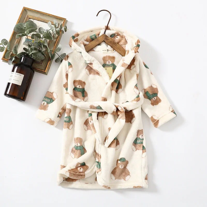 Winter Children Flannel Bath Robe Baby Cartoon Printed Hooded Bathrobe Baby Boy Girl Pajamas Kids Sleepwear Robe Nightgown