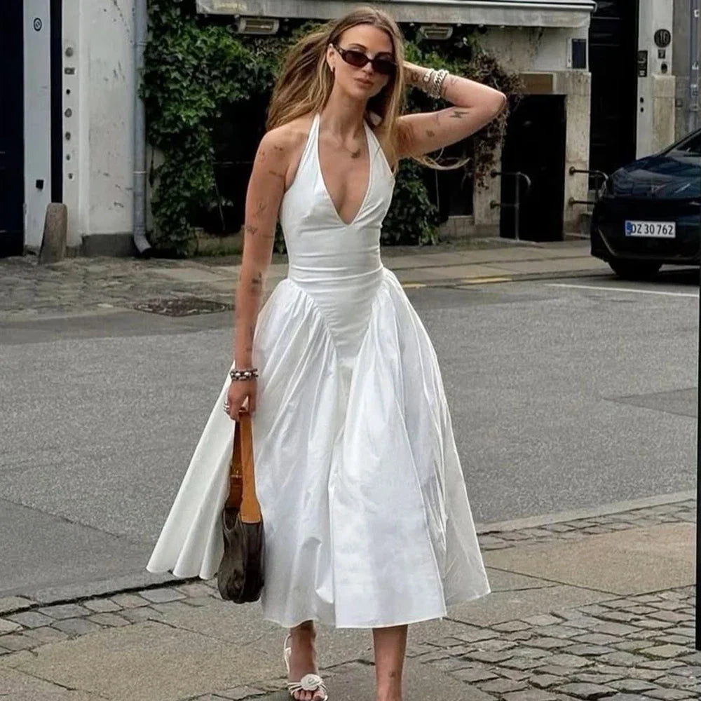 Talenza Backless Deep V Spliced Long Dress Summer Women's Sexy Party Dress Halter New Fashion Slim White Sleeveless Long Dress