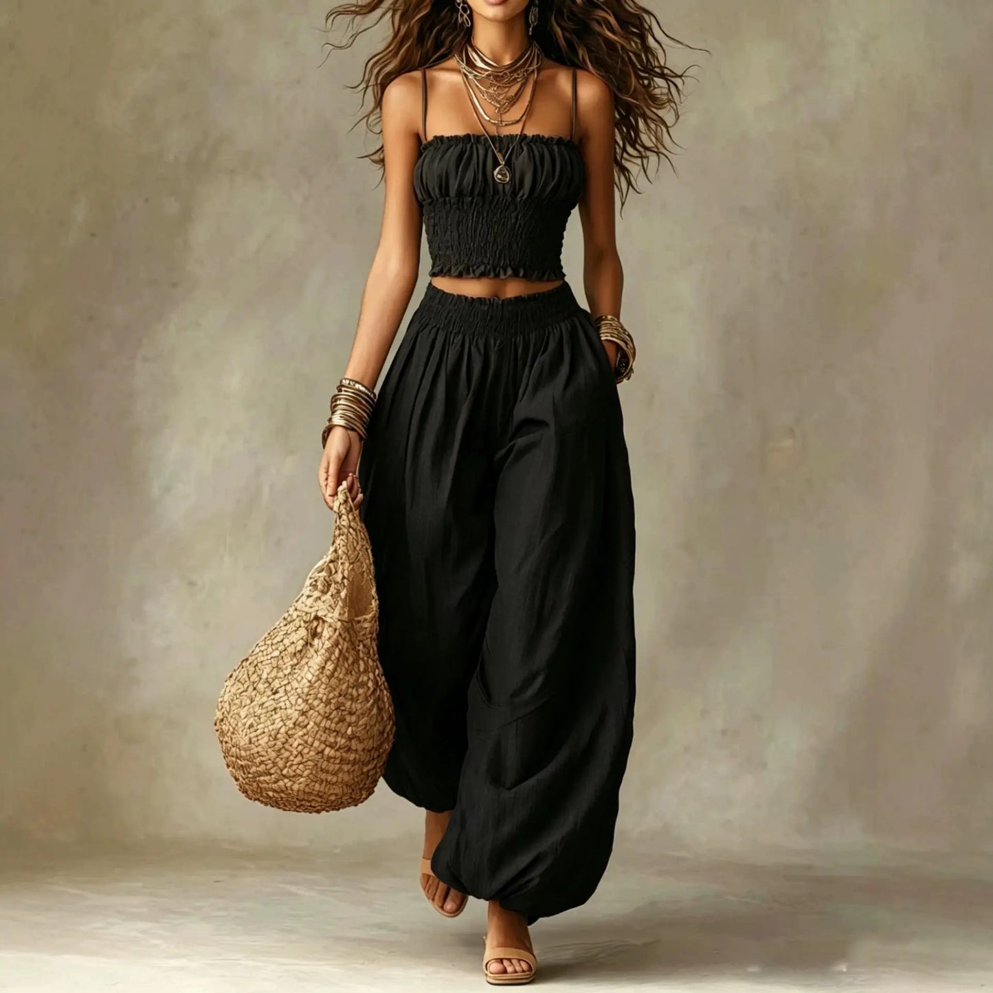 Fashion 2 Piece Sets Women Clothes Summer Casual Spaghetti Strap Top and Lantern Pants Suit Matching Two Piece Set Outfits