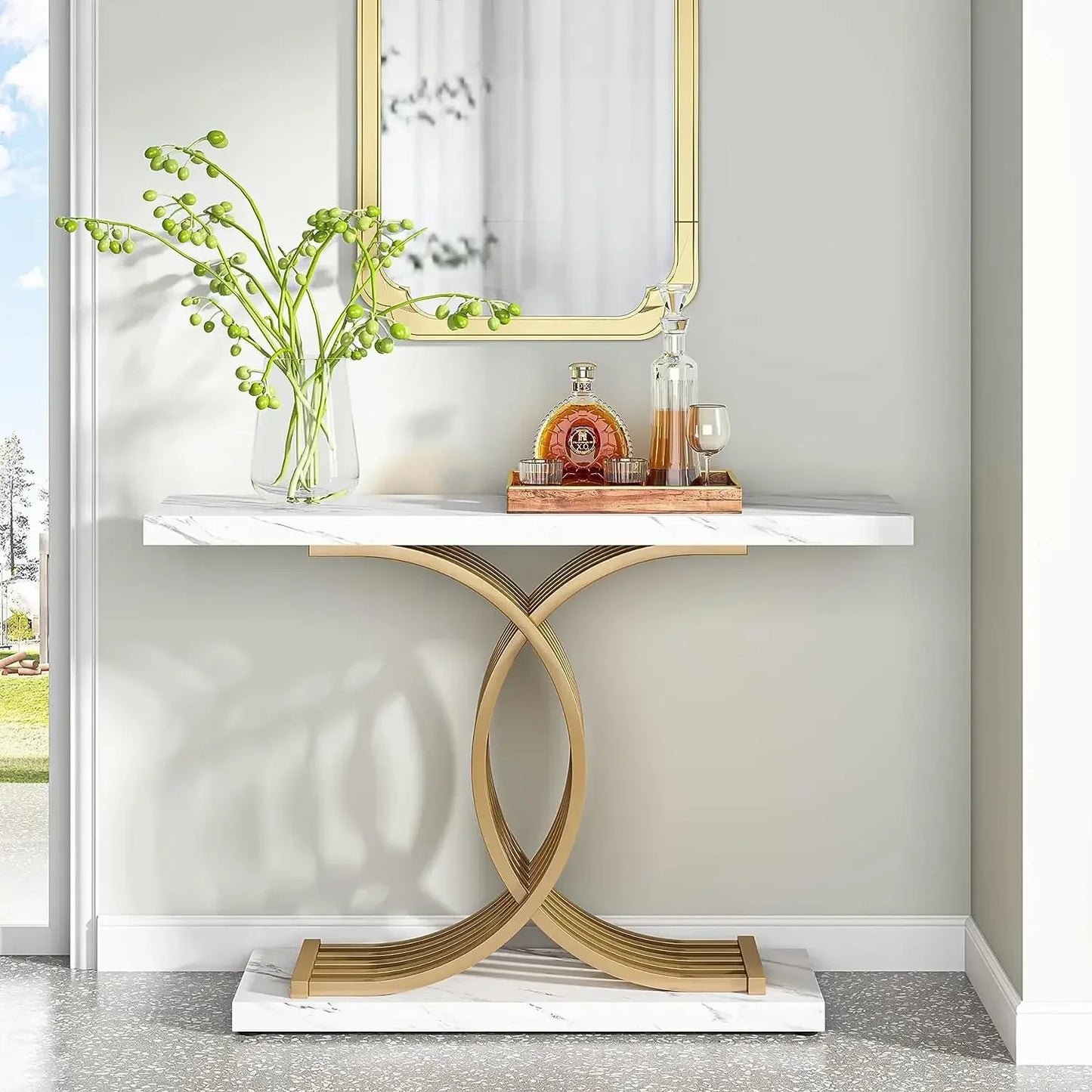 Gold Entryway Table, Modern 39-Inch Console Faux Marble Metal Legs.
