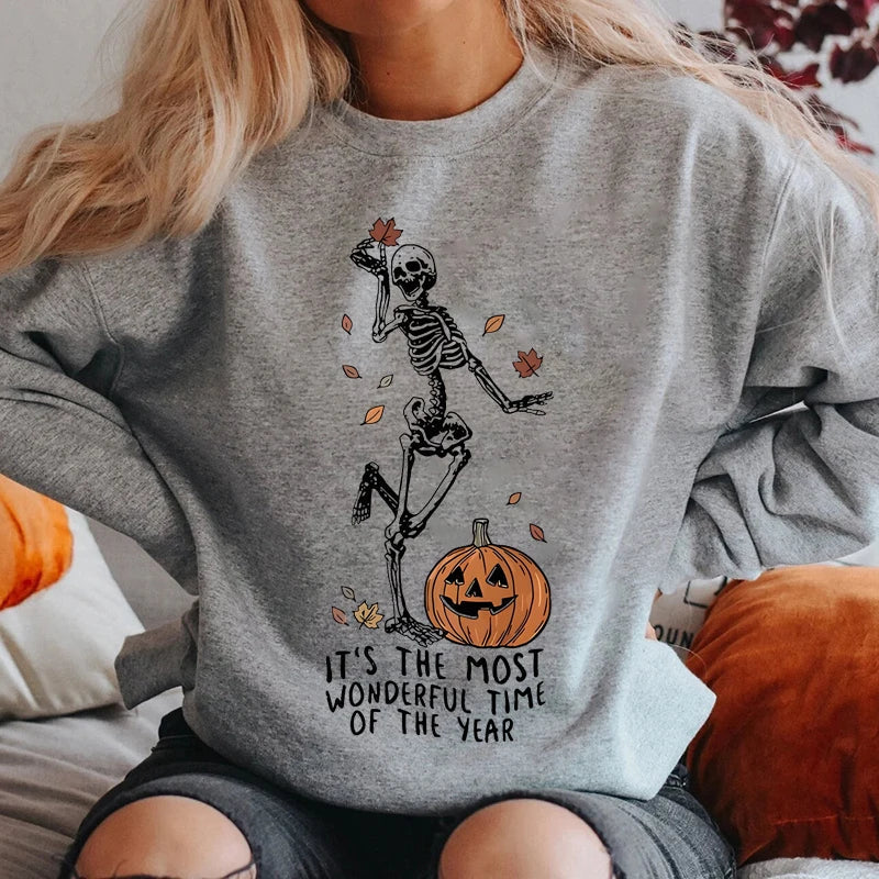 Halloween Skeleton & Pumpkin Print Sweatshirts Casual Long Sleeve Crew Neck Sweatshirt Women's Plus Size Clothing