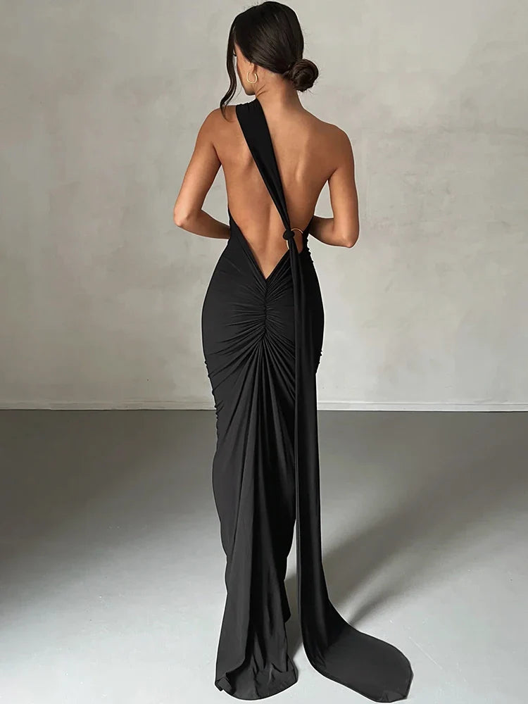 Hugcitar One Shoulder Backless Adjustable Scarf Loop Ruched Sexy Maxi Dress 2025 Women Elegant Y2K Streetwear Festival Outfit