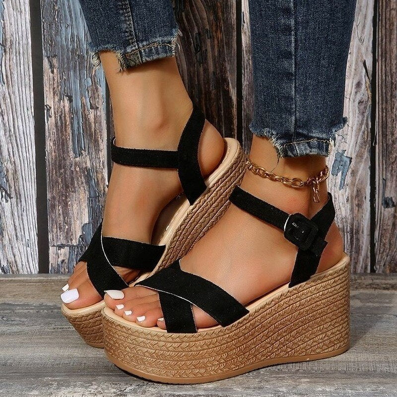 Sexy Roman Sandals Buckle Open Toe 2022 Summer New Anti-Slip Waterproof Cozy Beach Shoes Cross Tie Wedge Fashion Sandalias Mujer