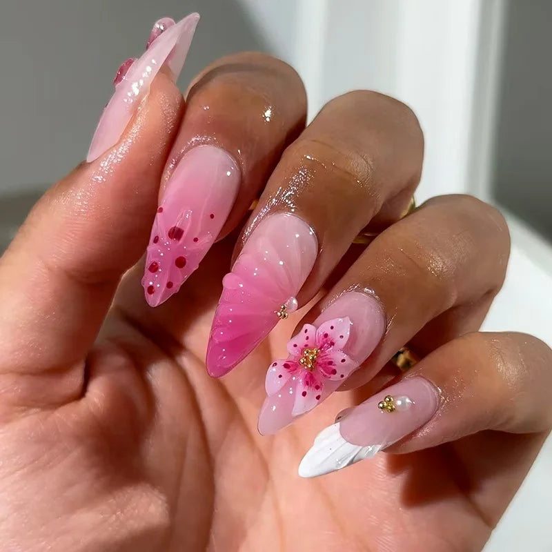 24Pcs Mid-length Almond Press on Fake Nails,3D Ripple Heart ,Pearl Star, Blue Smudge Detachable Full Cover Nails Tips.