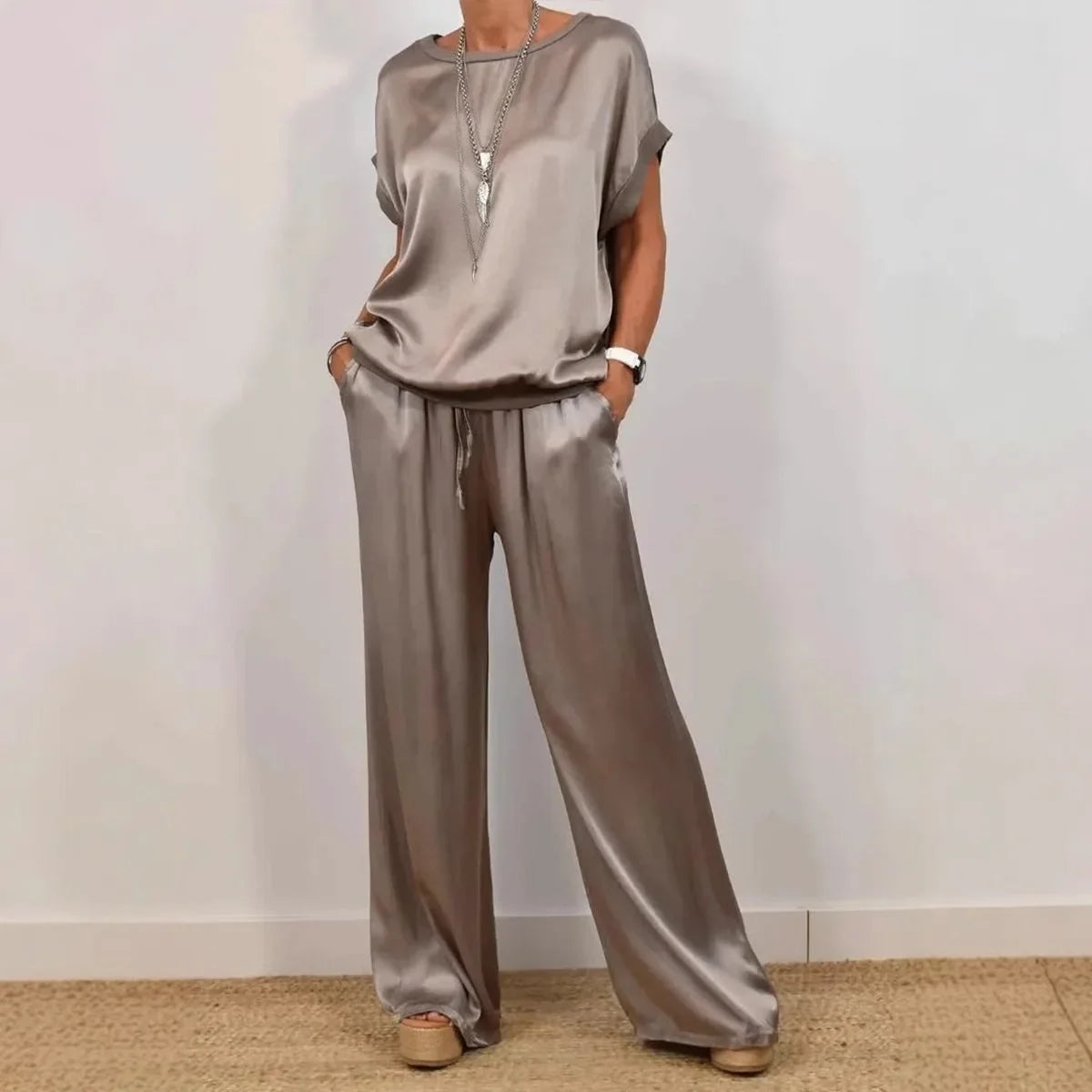 Casual Loose Satin T Shirt Pants Two Piece Sets Women Fashion O-neck Short Sleeve T Shirts Suit Spring Summer Wide Leg Pant Sets